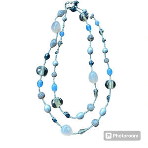 Premier Designs “Lakeside” Necklace Long 36” Blue Silver Gray Beaded Retired